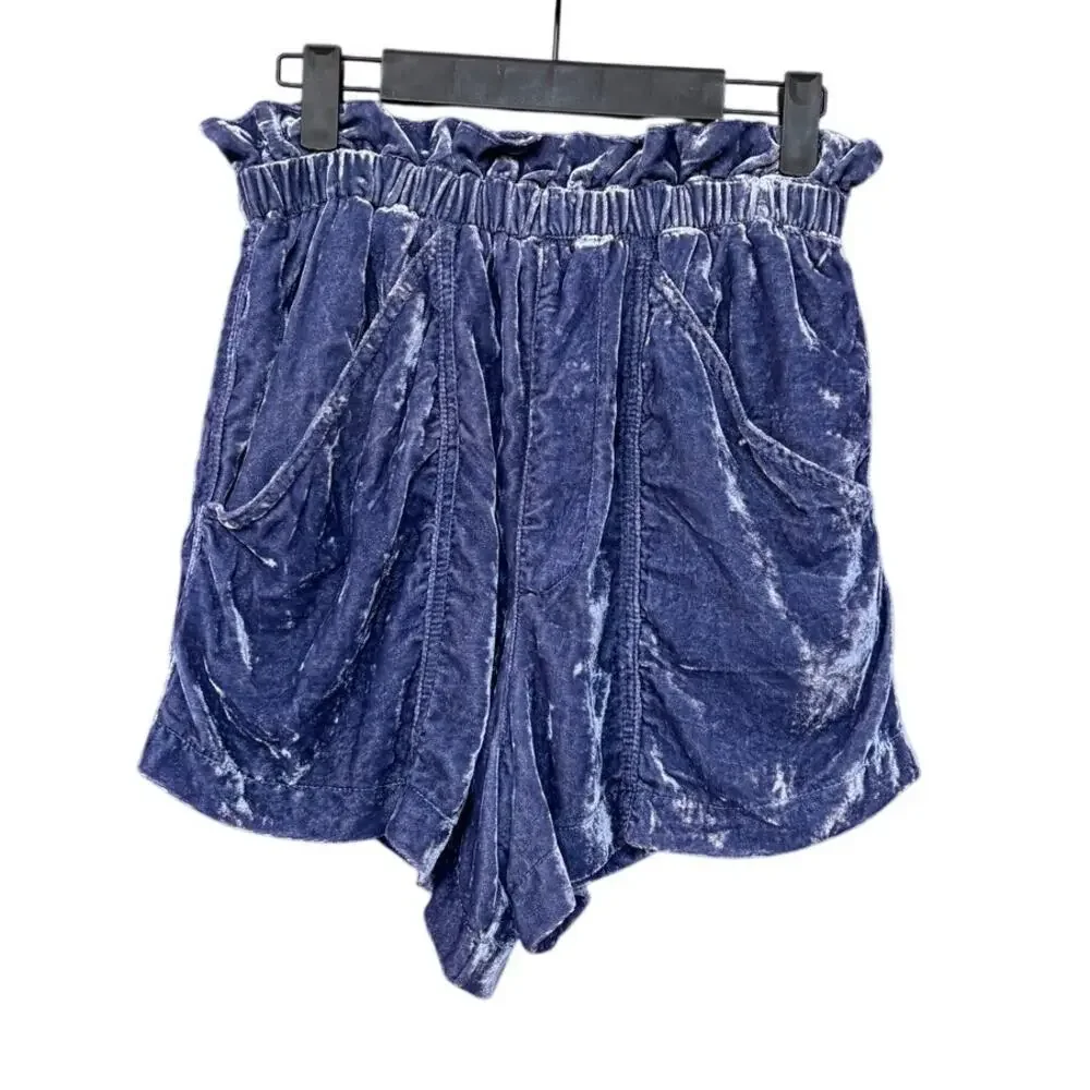 Free People At First Sight Plush Blue Paper Bag Shorts Boho Crushed Velvet